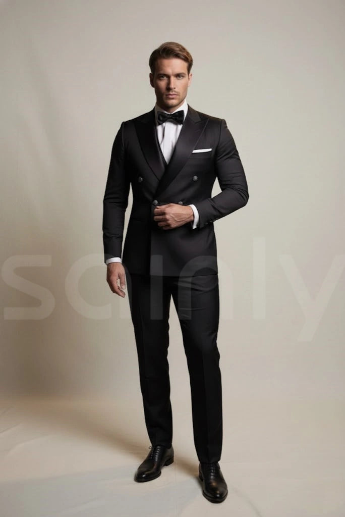 Stylish men black double breasted blazer and trousers