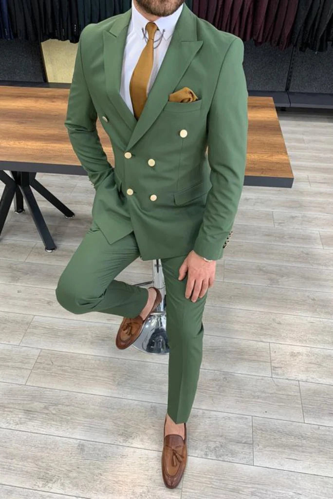Men double breasted green suit-front
