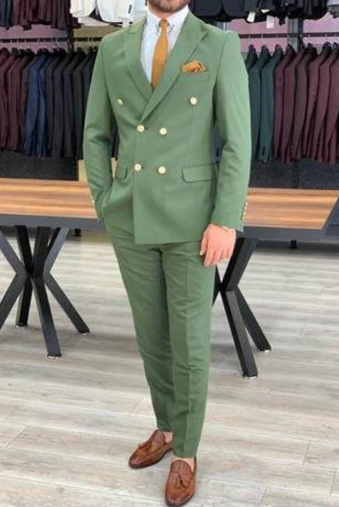 Men green two piece double breasted suit