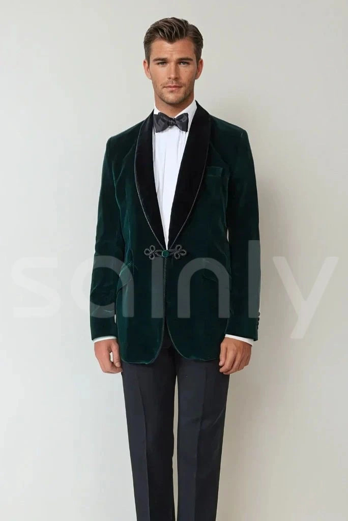 Men emerald green smoking jacket-front