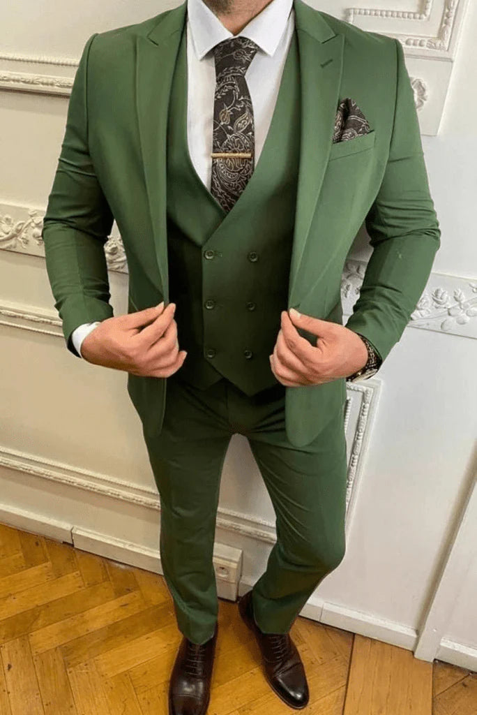 Men forest green three piece suit-front