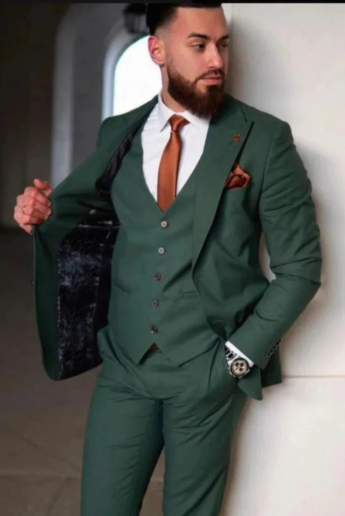 Men green 3 piece suit-front