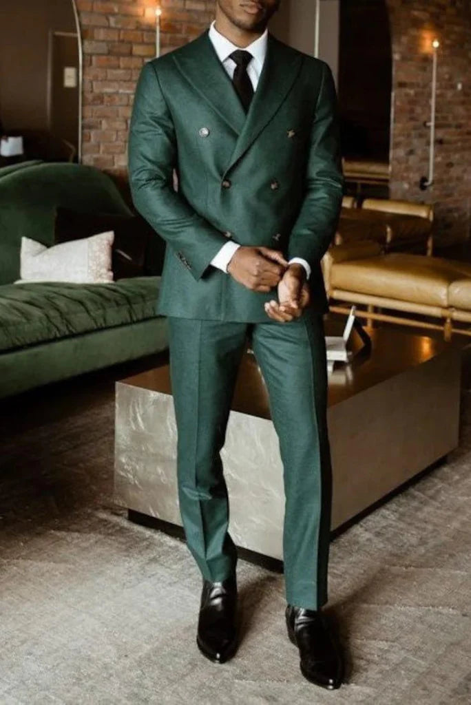 Men green double breasted suit-front