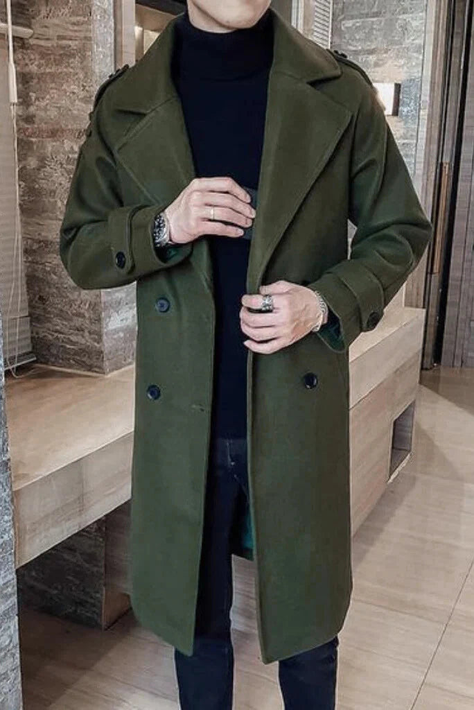 Men green long coat-front