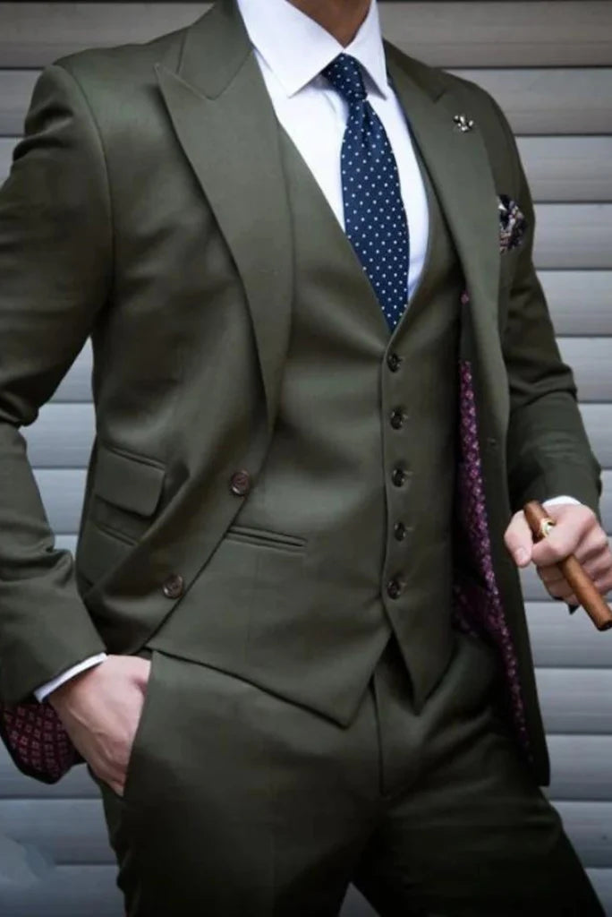 Men green slim fir suit-front