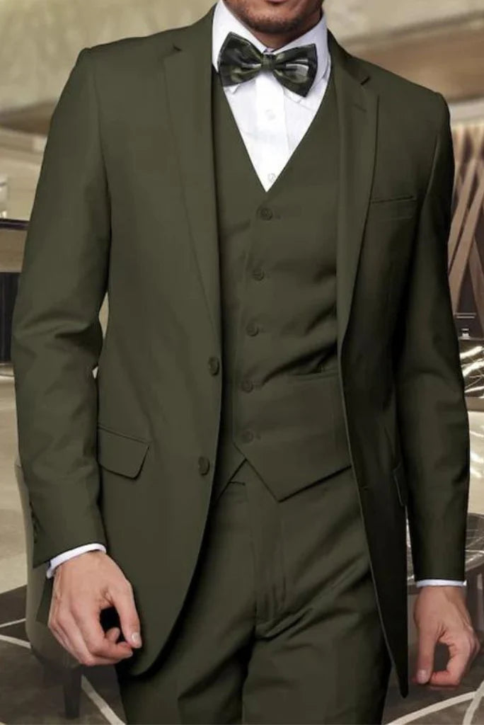 Men green three piece formal suit-front