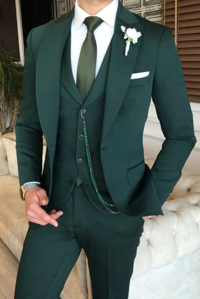 Men green three piece wedding suit-front