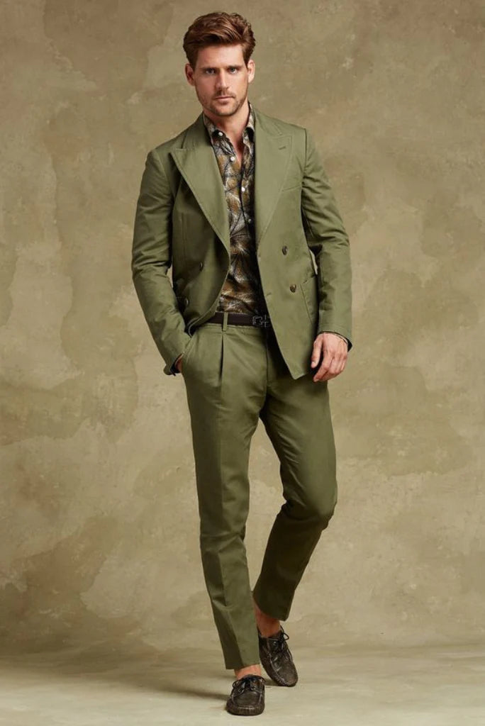 Green double breasted two piece suit-front
