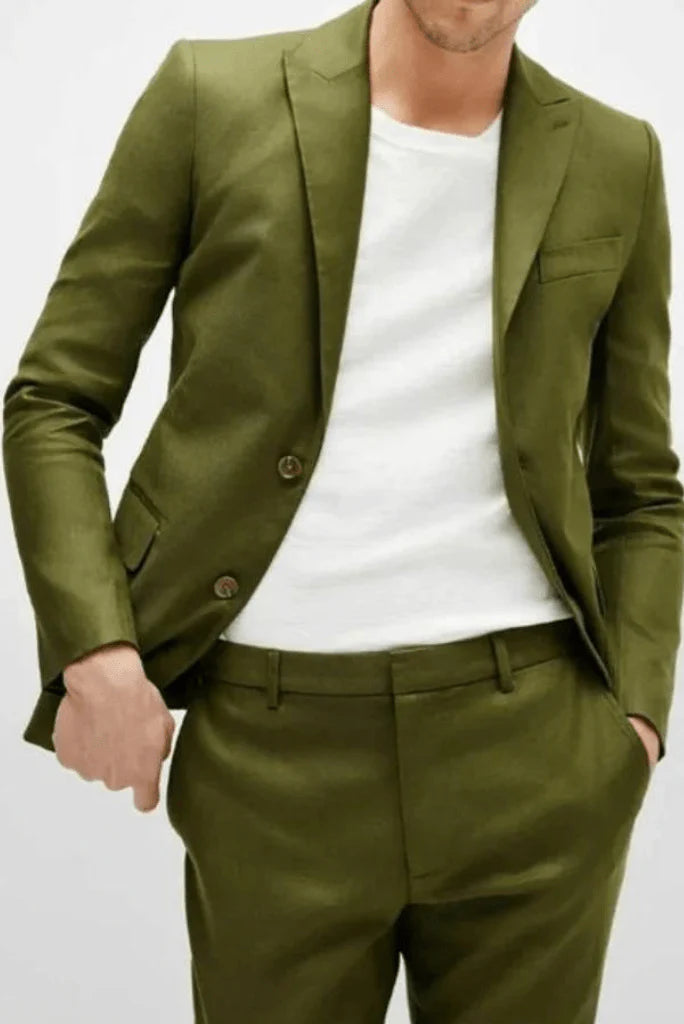 Men green two button suit-front