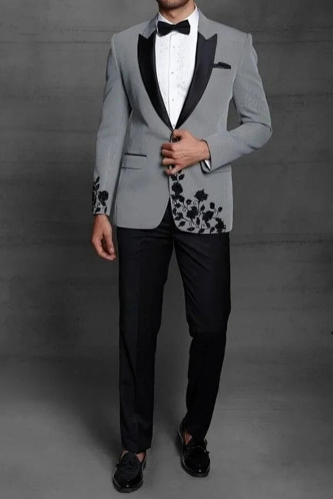 Men grey and black embroidery suit-front