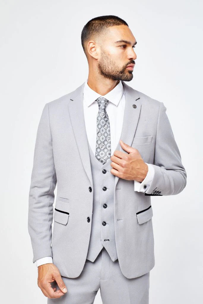Men grey three piece formal and event wear suit-front