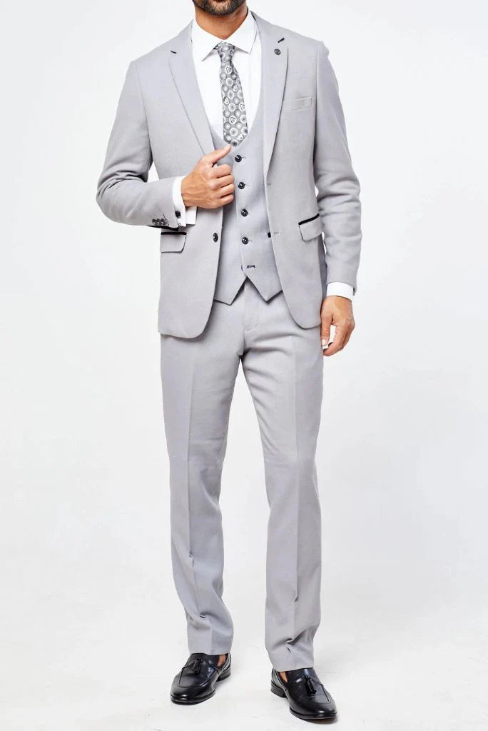 grey three piece suit for men