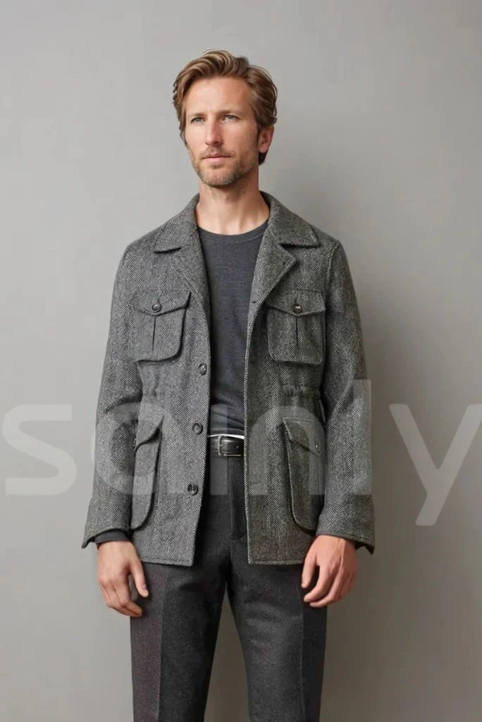 Men grey herringbone shacket-full front