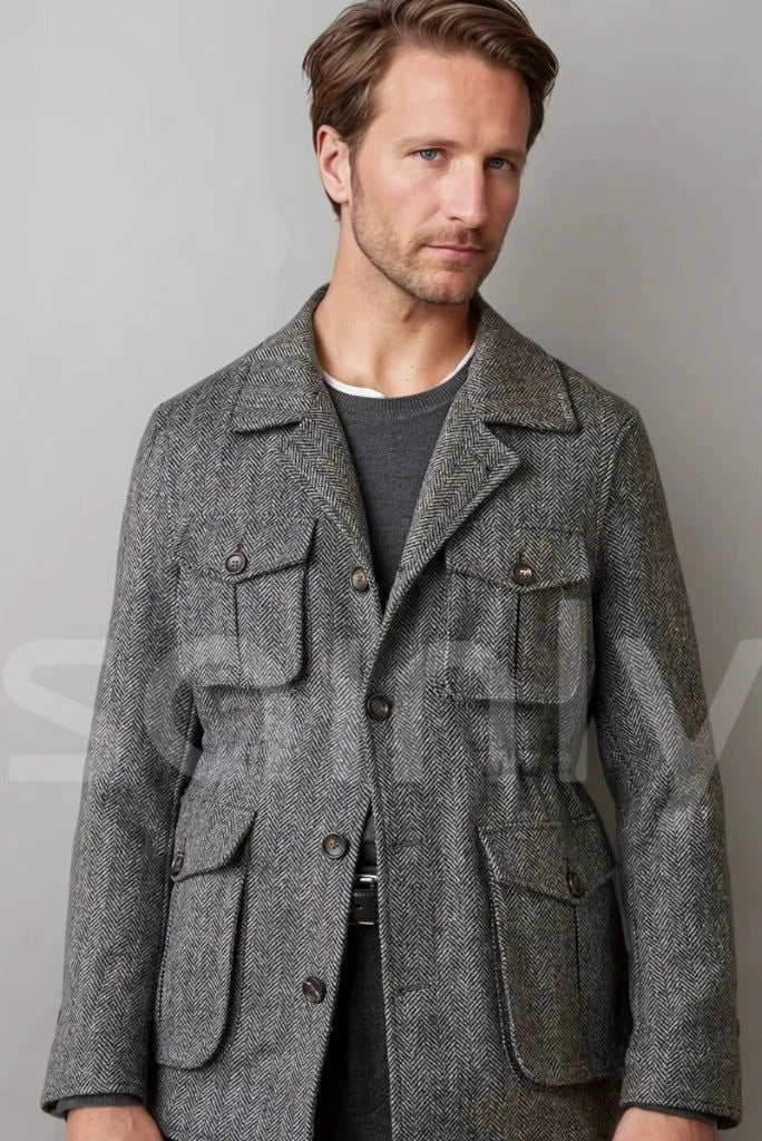 Grey herringbone winter shacket for men
