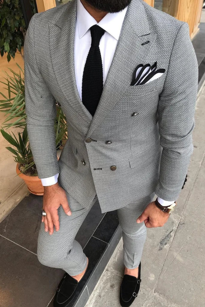 Men grey two piece six button suit-front