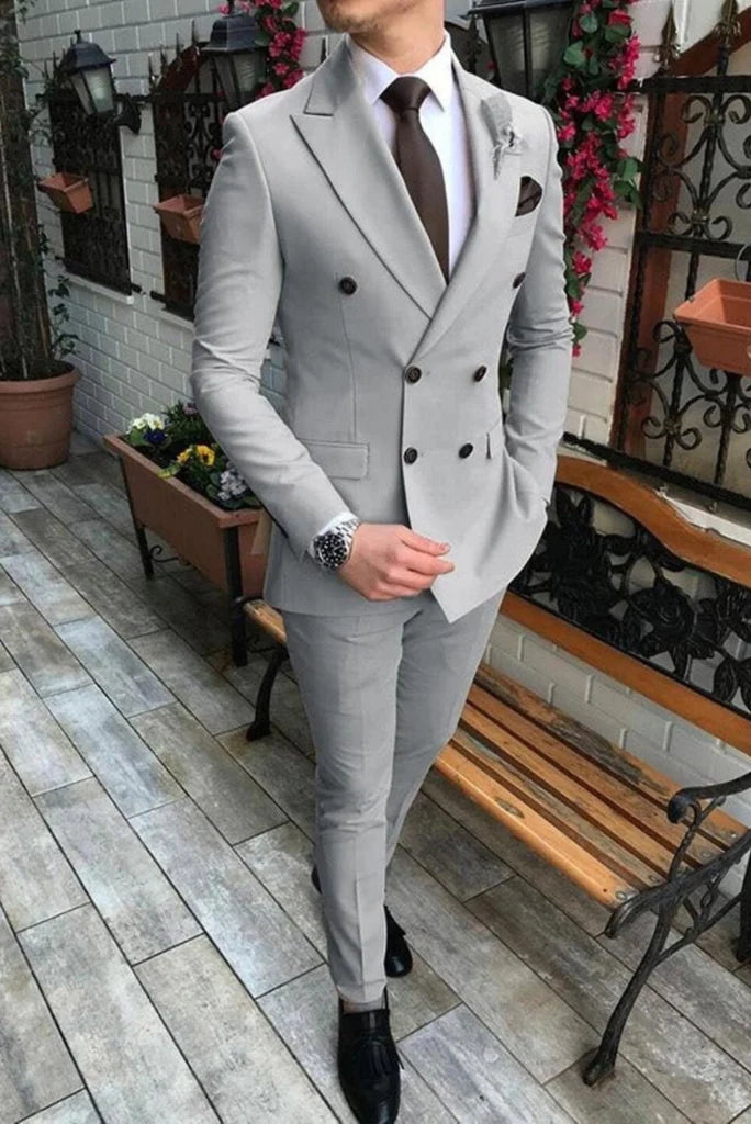 Men grey two piece suit double breasted-front