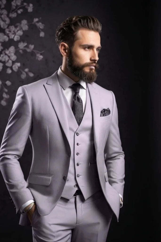 Men greyish purple three piece suit-front