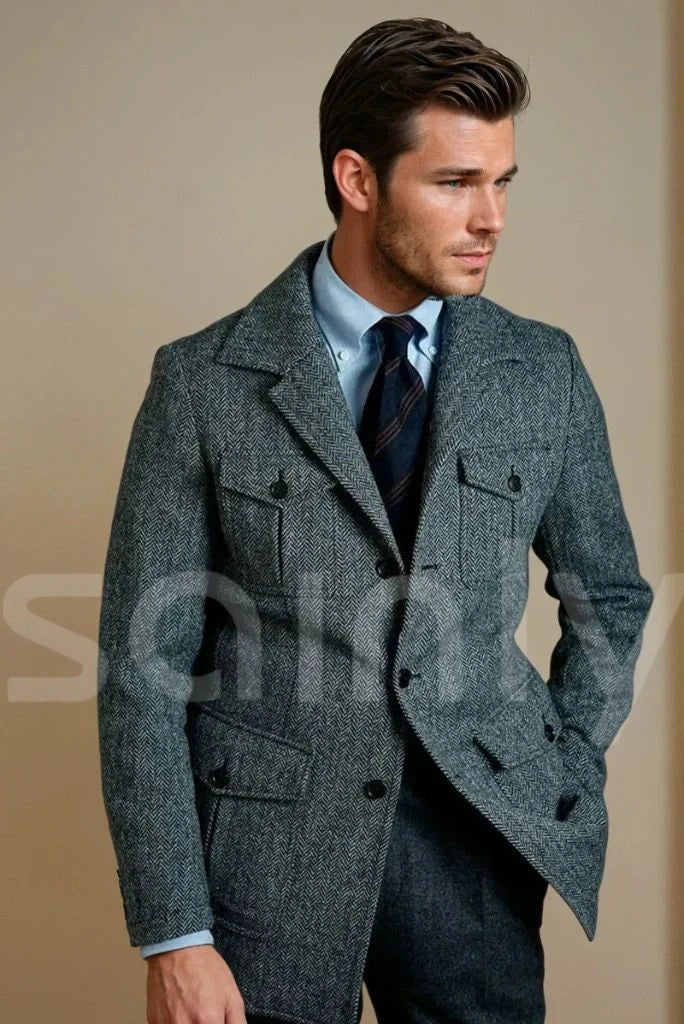 Men tweed herringbone winter shacket-front