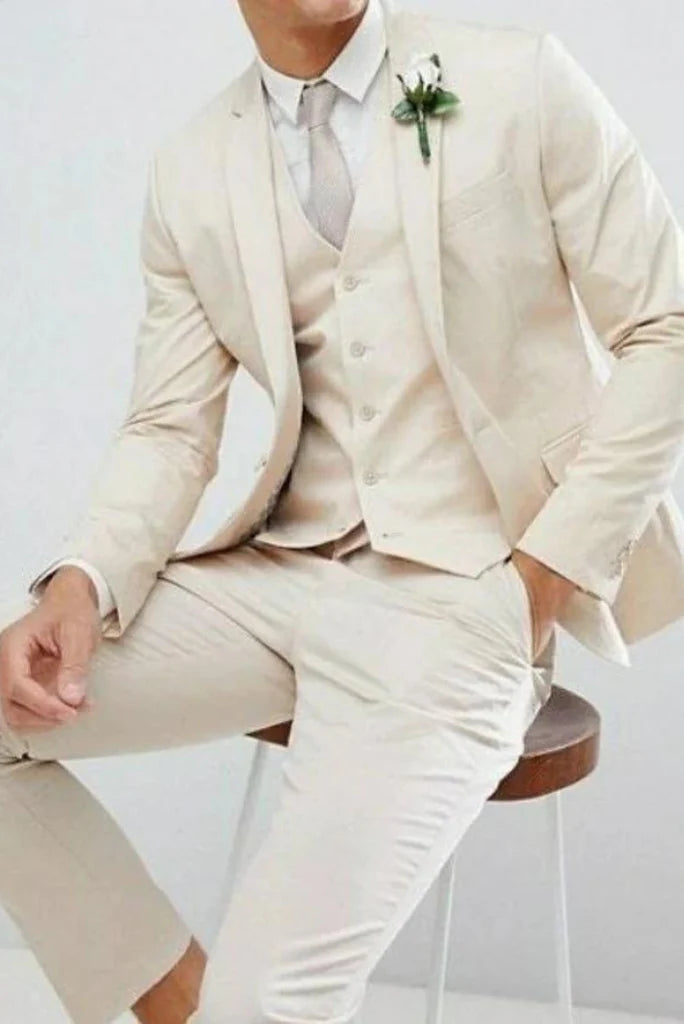 Men ivory three piece suit-front