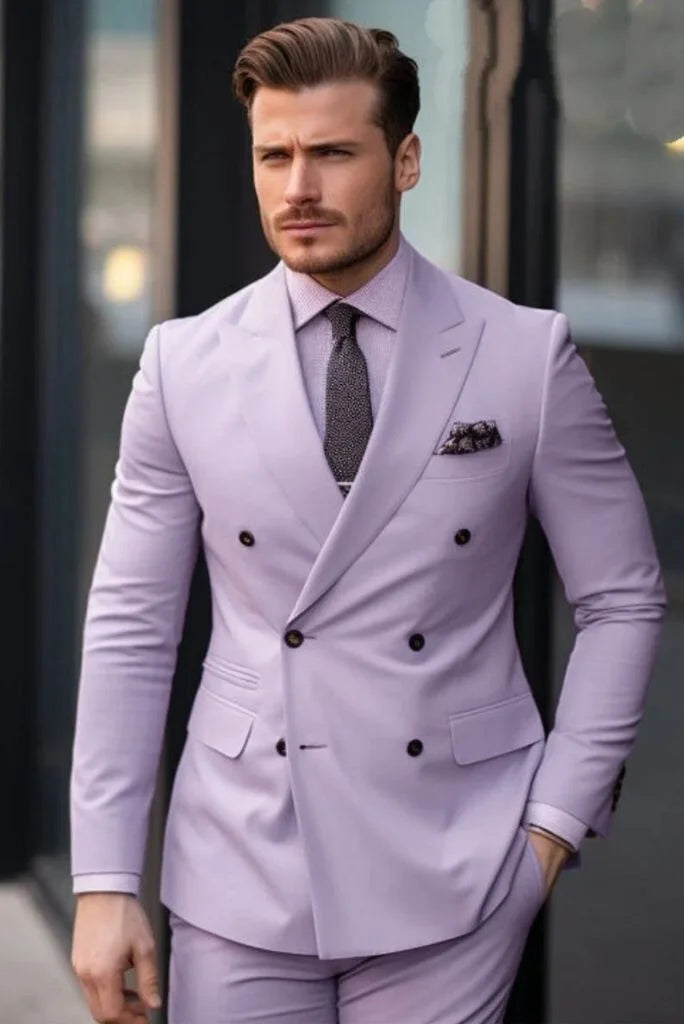 Men lavender double breasted suit -front