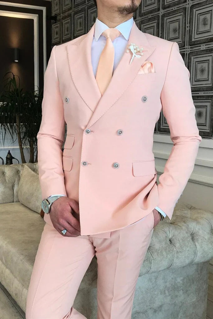 Men light pink double breasted two piece suit-front