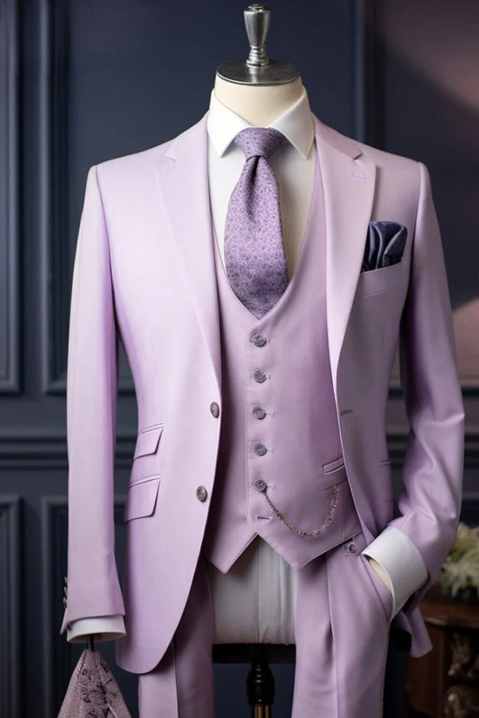Men light purple three piece suit -front