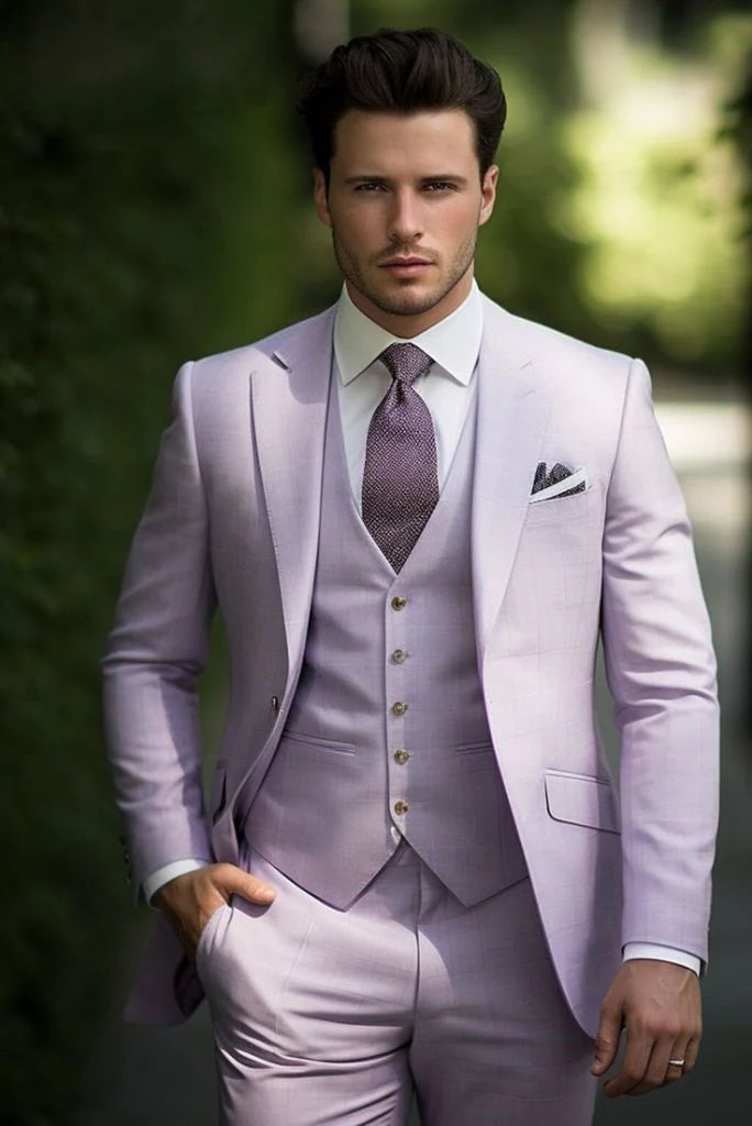 Men light purple 3 piece suit for formal wear- front
