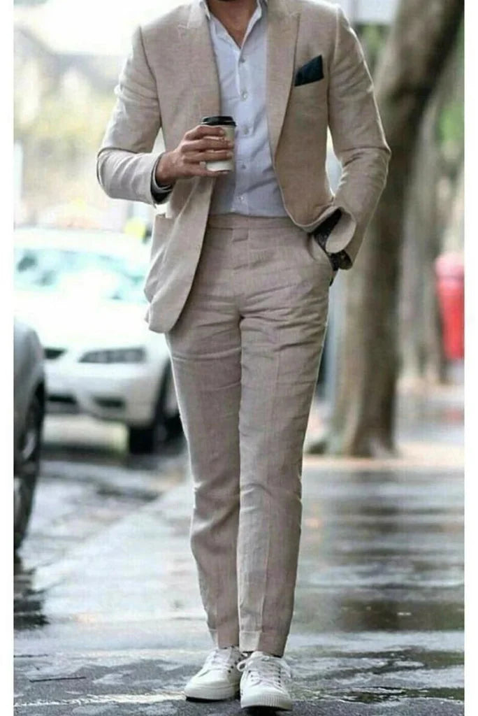 Men linen beige suit for summer-front