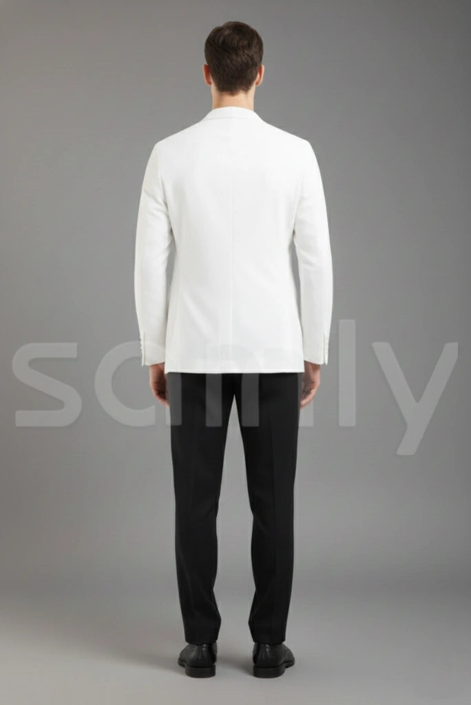 White linen blazer outfit for men’s destination weddings-back