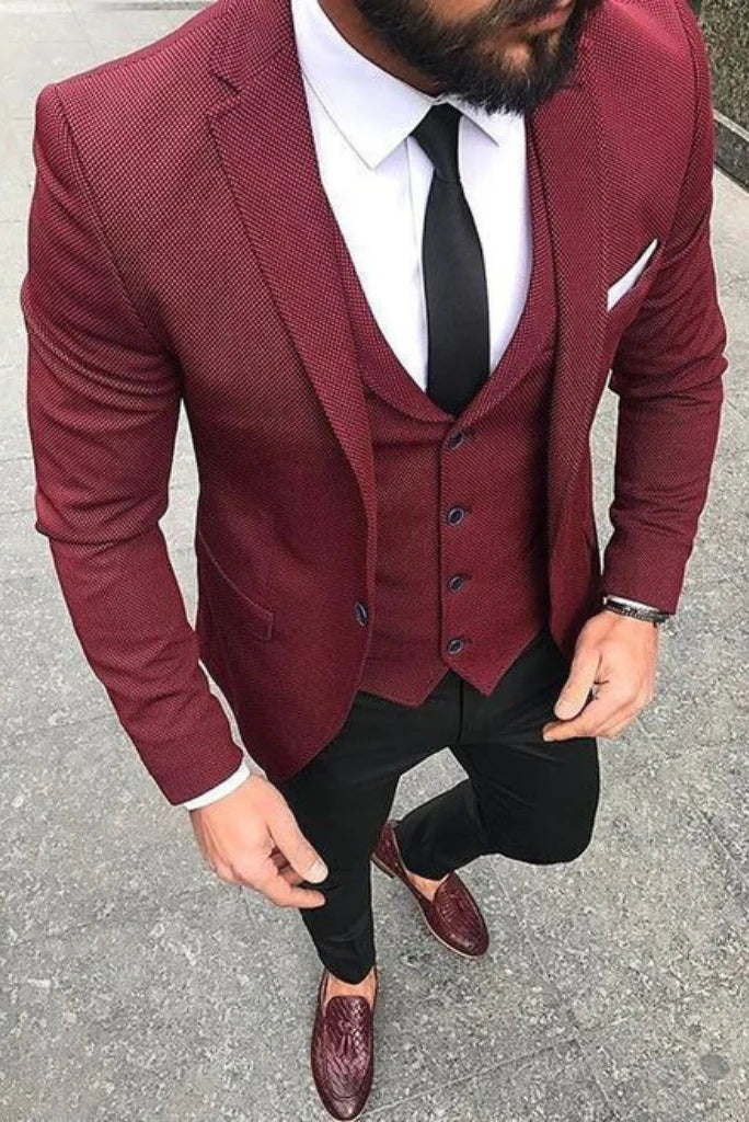 Men maroon and black suit-front