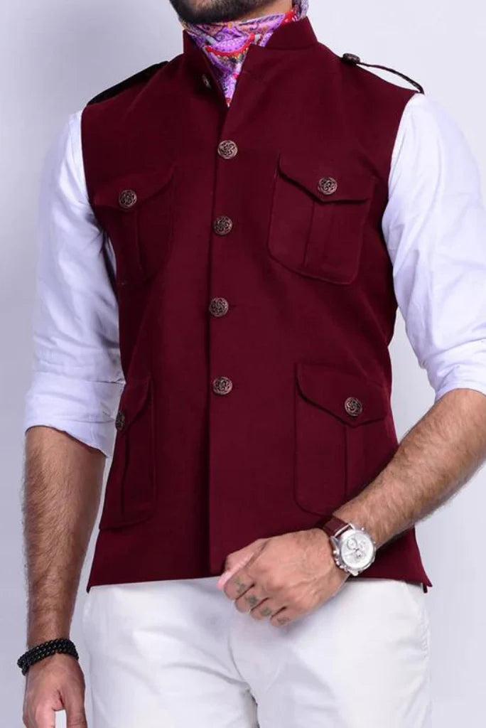 Men maroon nehru jacket-front