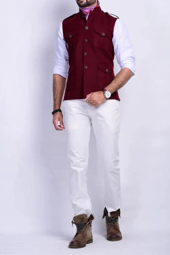 Men maroon hunter style jacket-full front