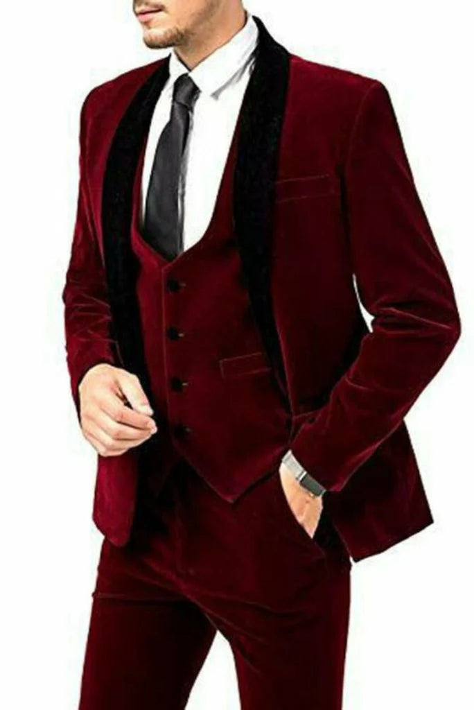 Men maroon velvet three piece-front