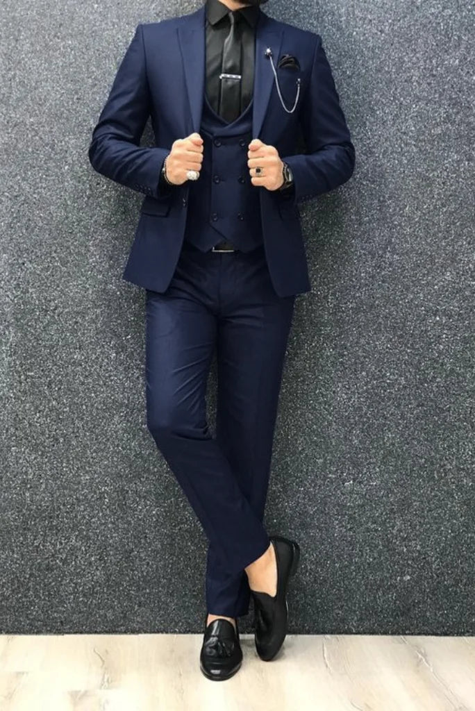Men navy blue wedding wear suit -front