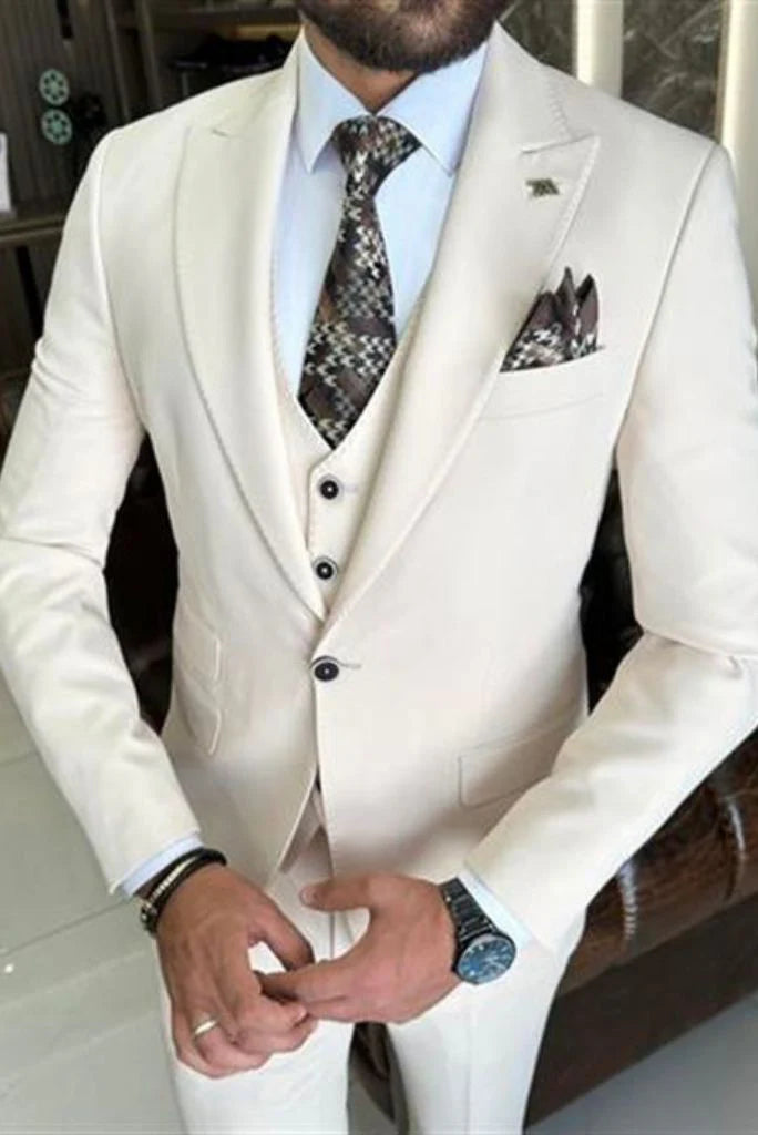 Men off white three piece event and wedding wear suit-front