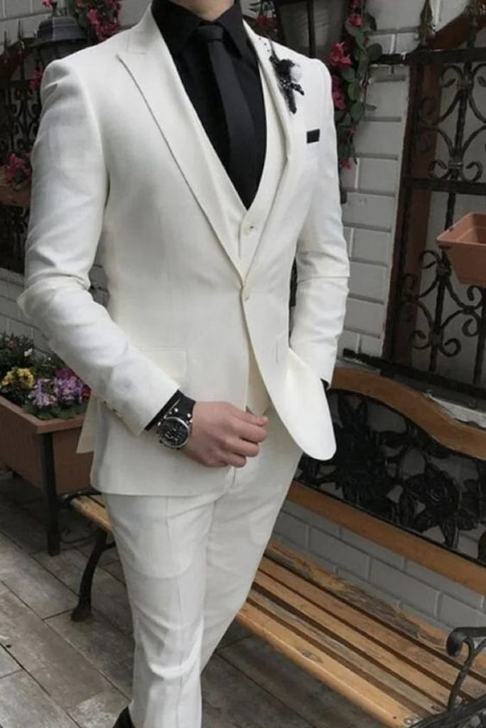 Men off white three piece event suit-front