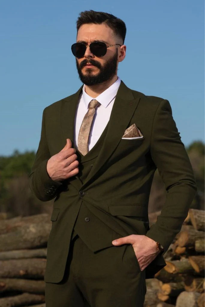 Men olive green three piece suit-Front