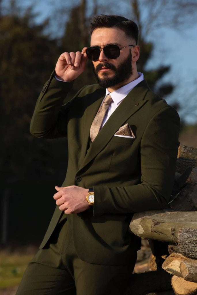 Men olive green three piece suit wedding suit-side