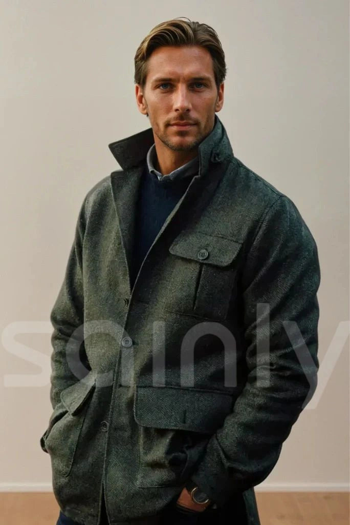 Men olive green tweed shacket-front