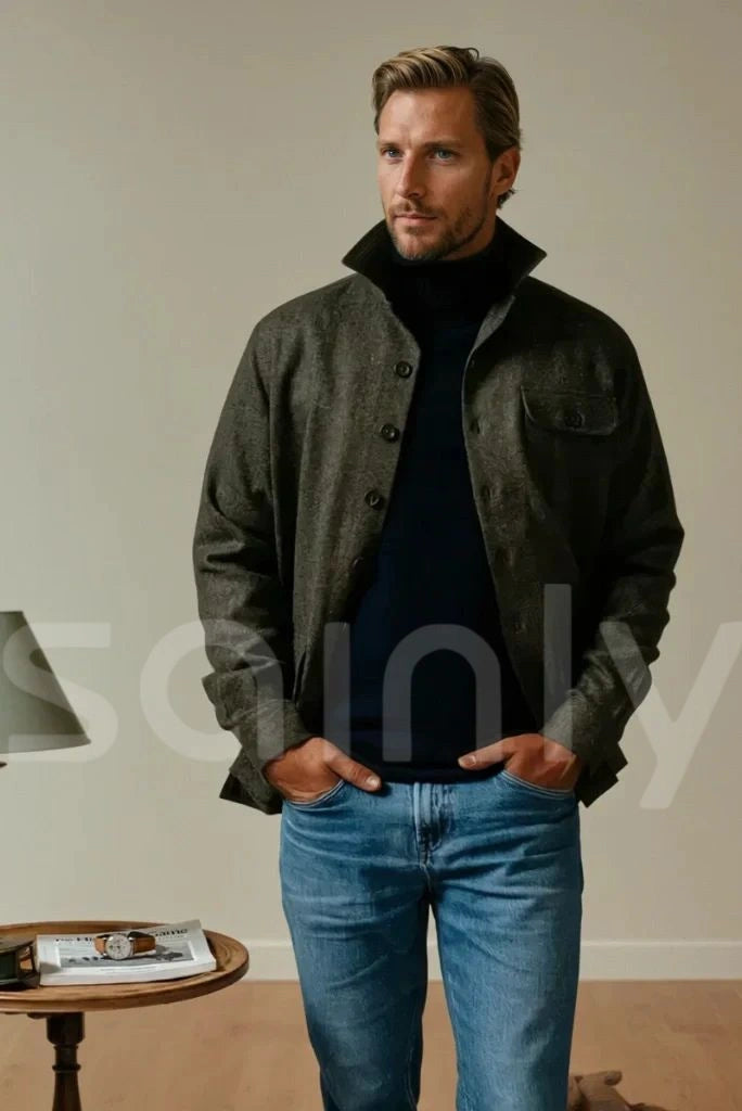 Winter olive green tweed shacket-full front