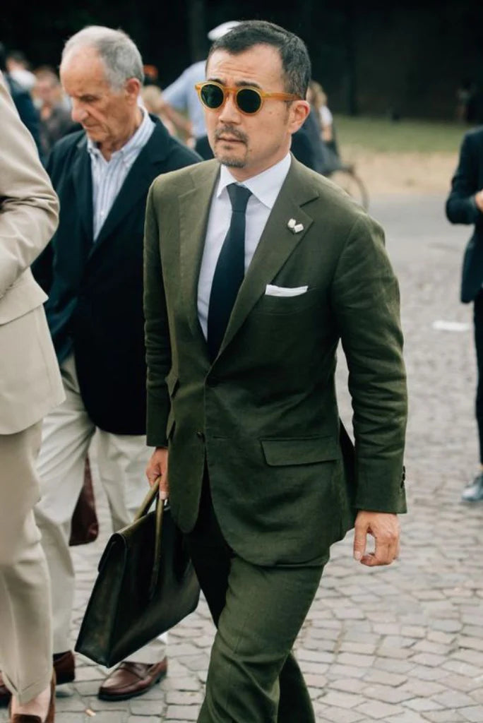 Men olive green two piece office suit-front