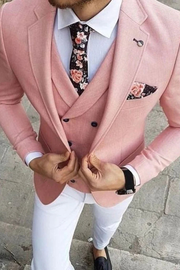 Men pink and white three piece suit-front