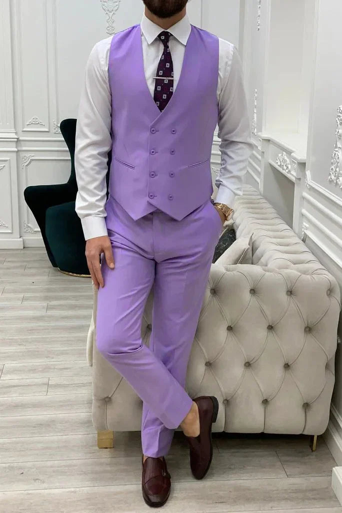 Elegant men purple formal waistcoat and pant outfit-front