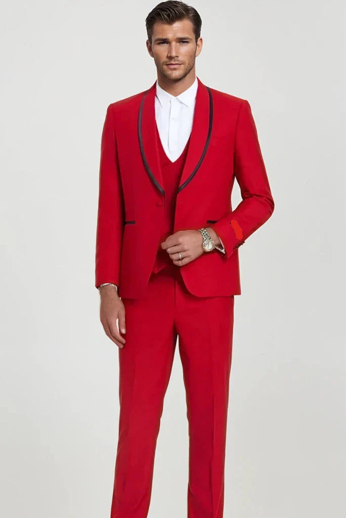 Men red formal three piece suit-front