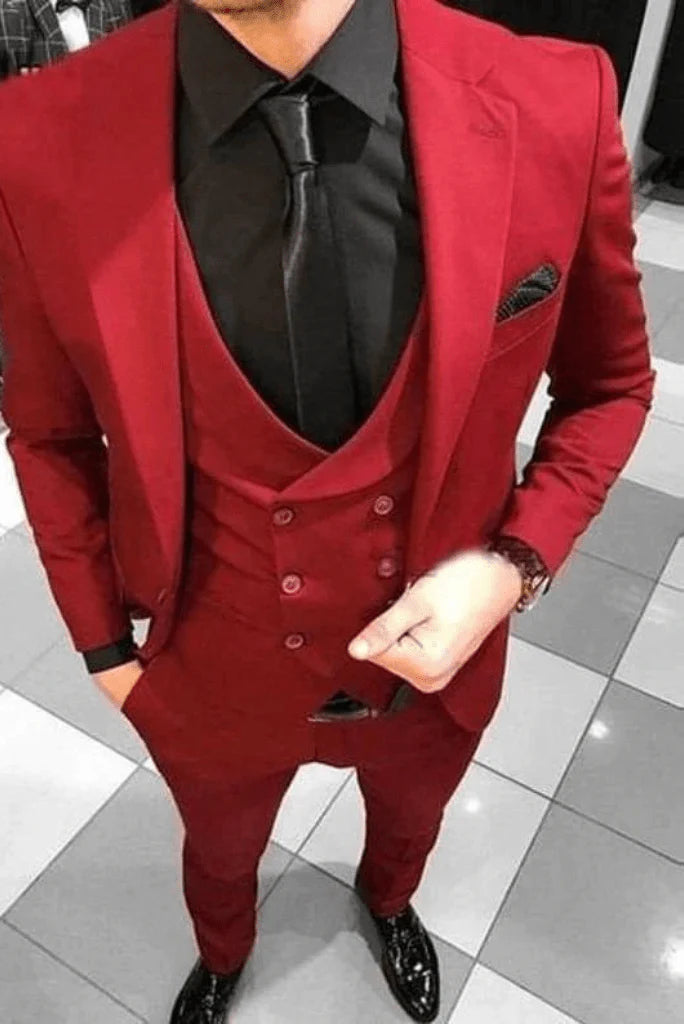 Men red three piece suit -front