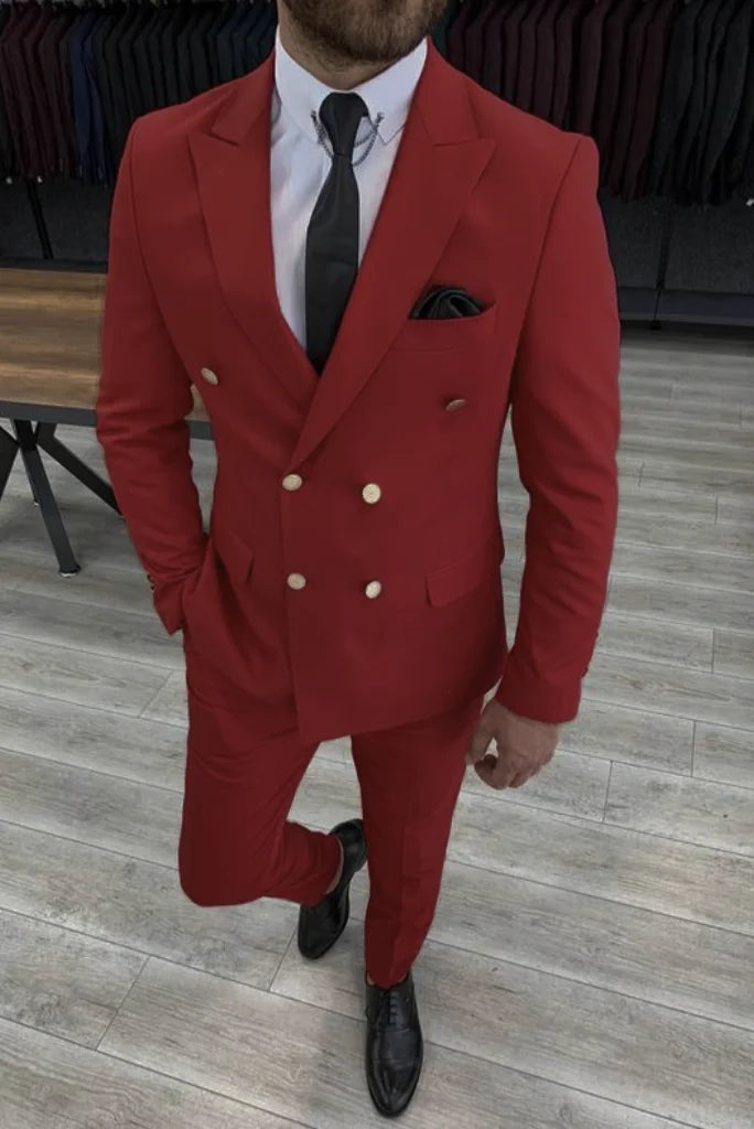 Men red double breasted two piece suit-front
