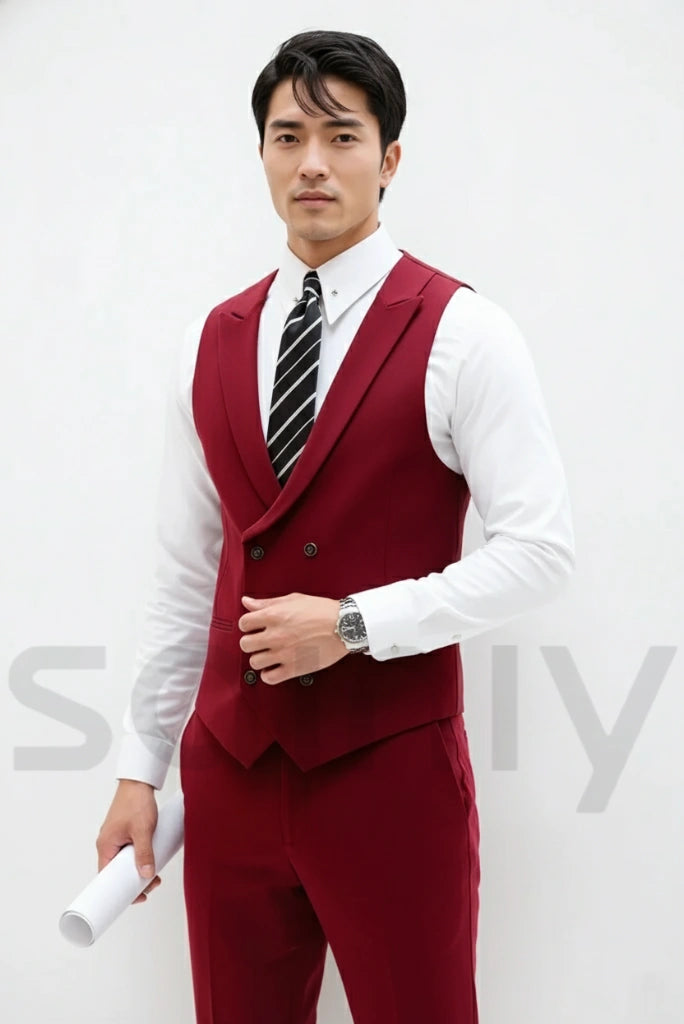 Red double breasted waistcoat and pant-side