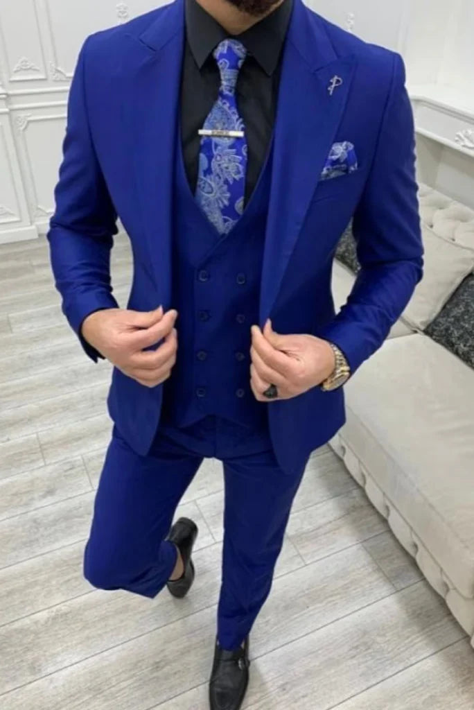 Men royal blue three piece formal suit-front