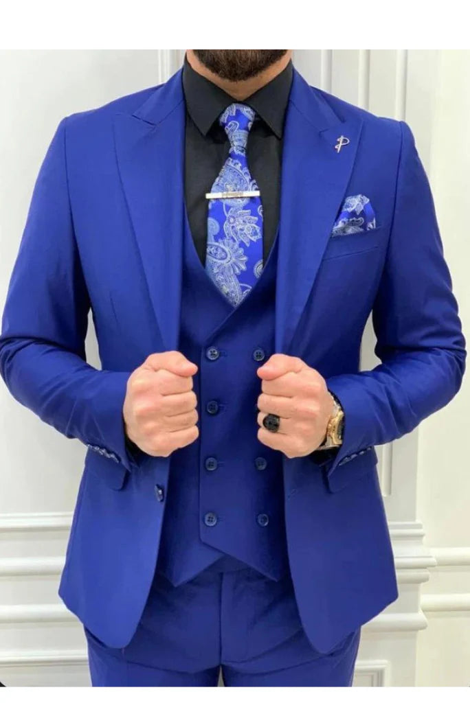 Royal blue three piece suit for men