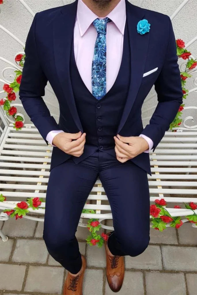 Men royal blue three piece suit formal-front